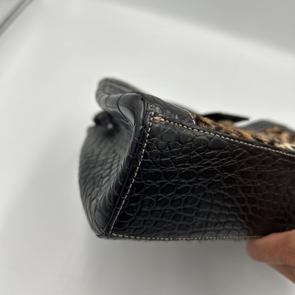 Vtg BRAHMIN Cheetah Print Calf Hair Black Italian Leather Croc Purse Bag 90's - Picture 7 of 14